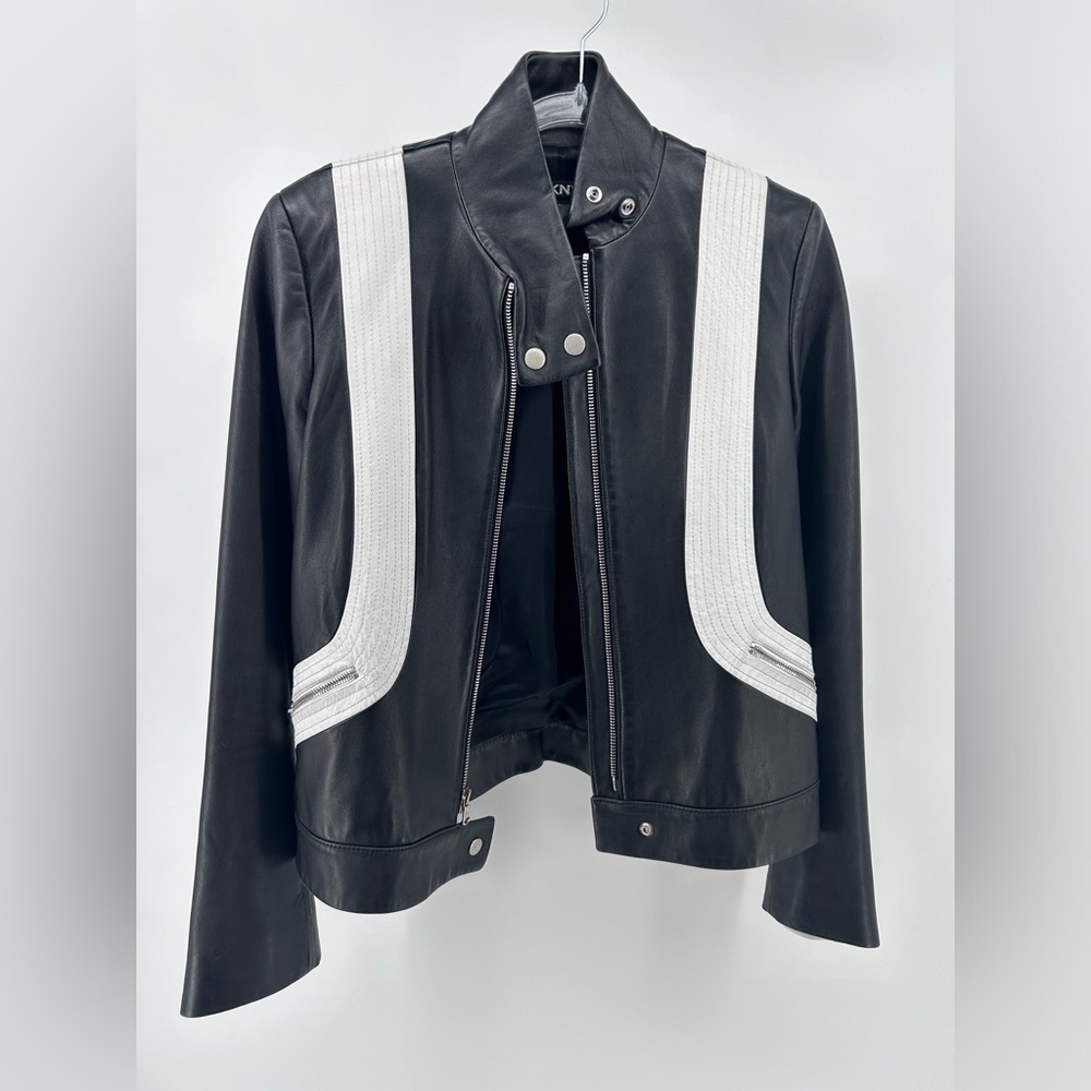 DKNY Womens Black White Unique Lamb Leather Moto Riding Leather Jacket Size 4